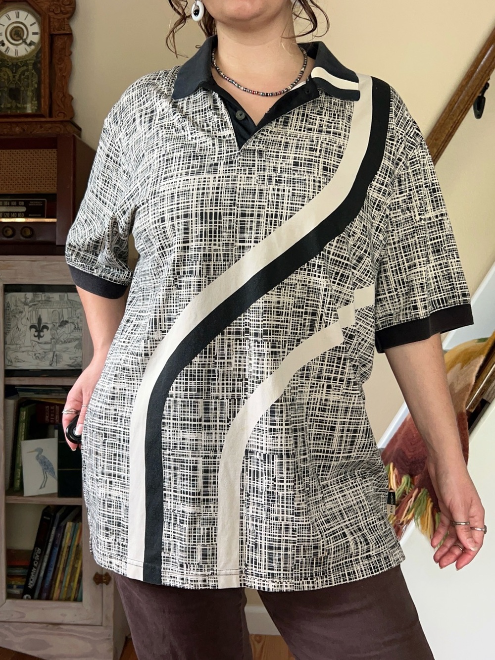 Vintage 90s Geometric Polo Shirt Oversized Retro Abstract Pullover Large